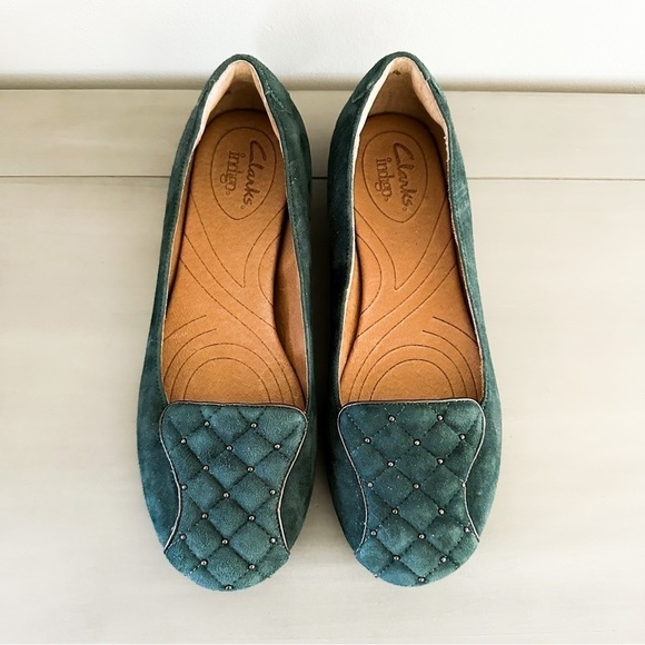 Clarks Indigo Dark Green Suede Leather Quilted Slip on Loafer Flats sz 6M - Picture 2 of 8